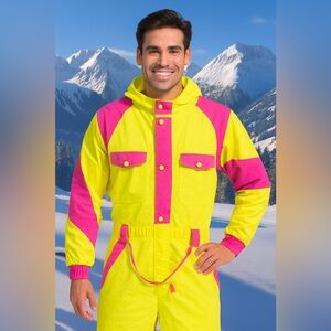 Tipsy Elves Neon Yellow and Pink Ski Suit Snow Blaster Men’s Size L